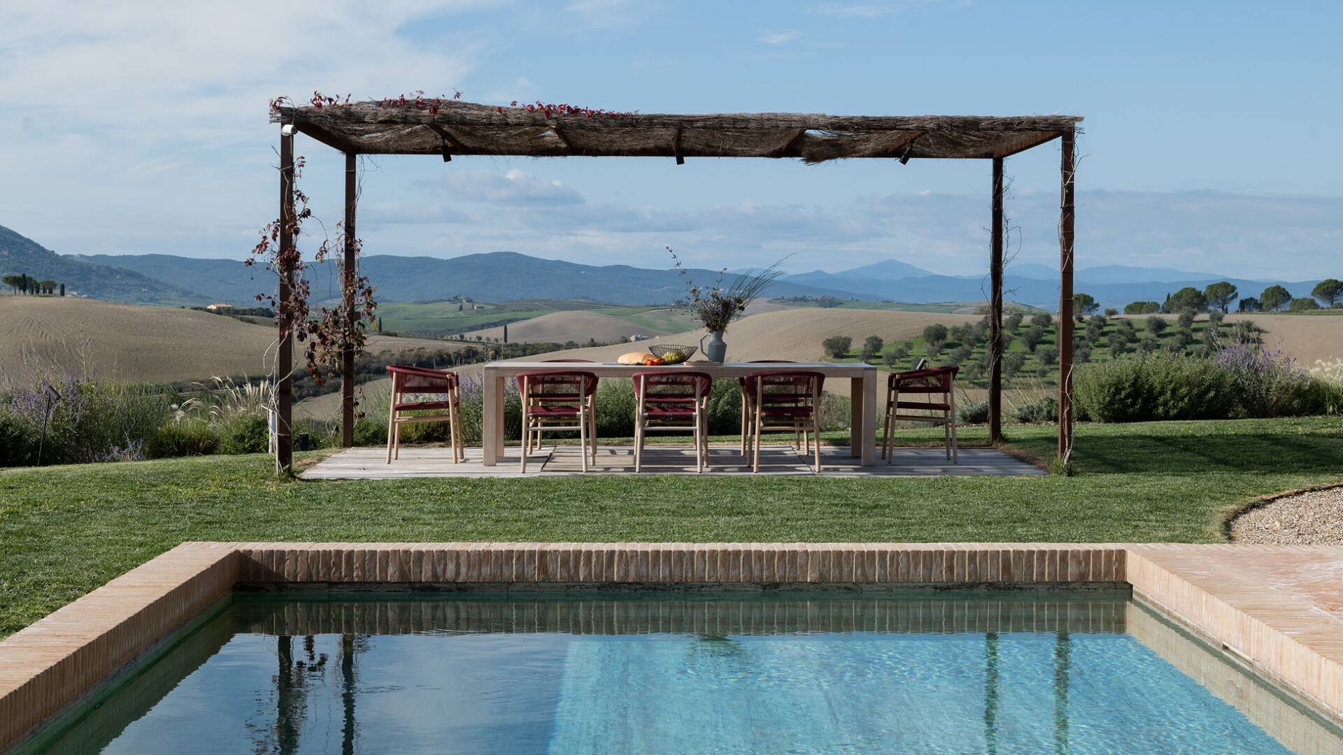 al fresco dining area with countryside view