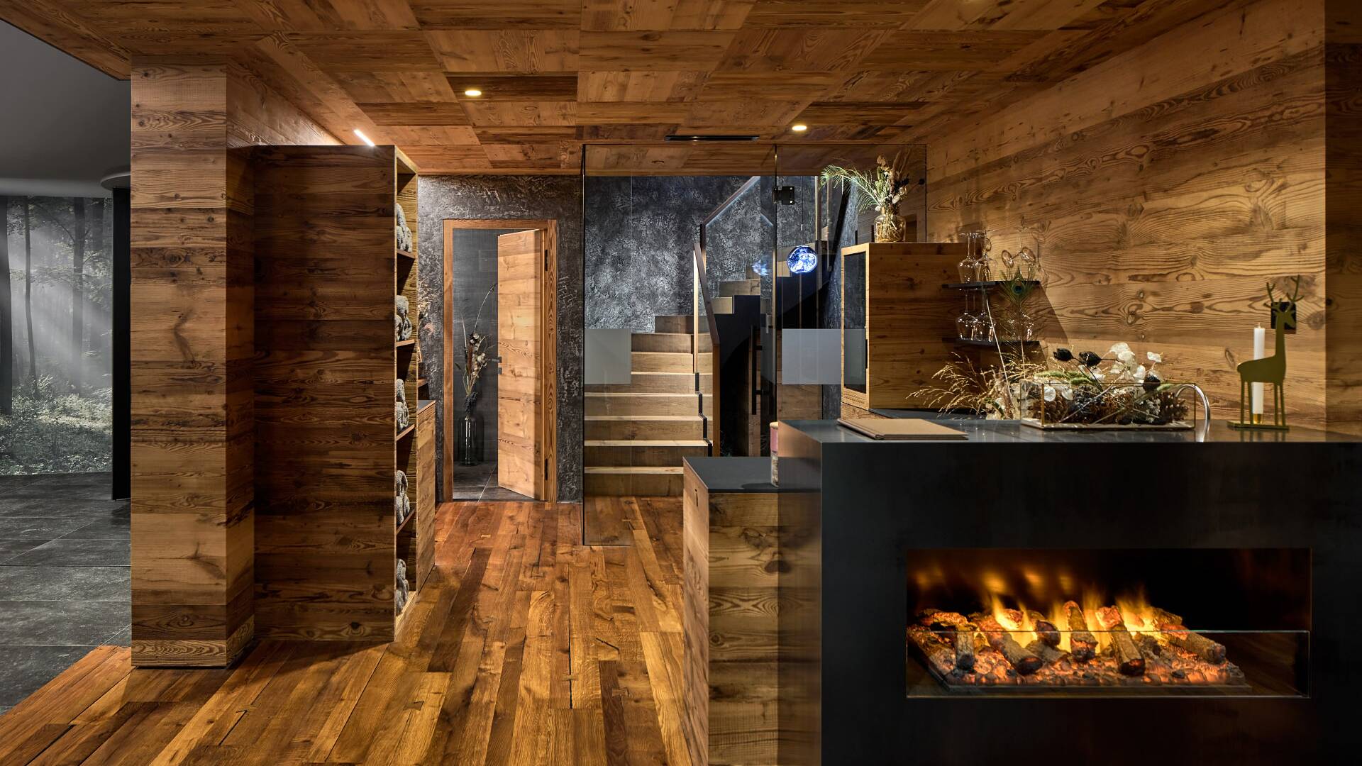 wooden architecture with modern fireplace