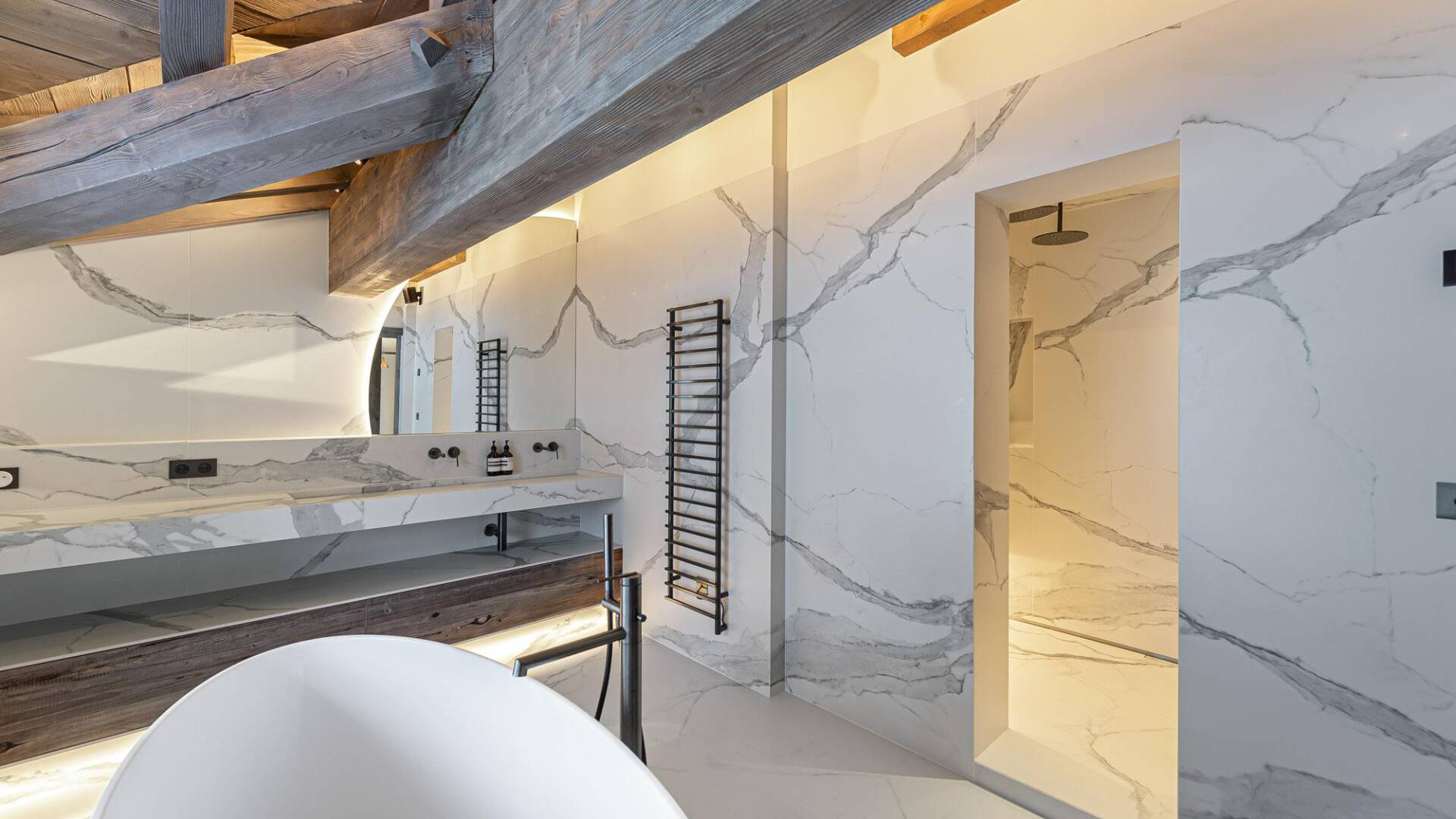 marble en suite bathroom with double lavabo