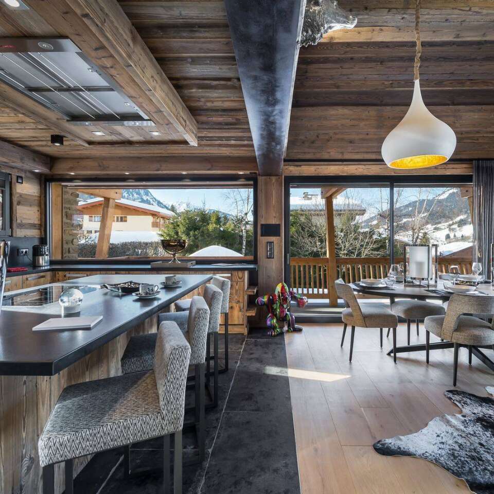 contemporary open space with gourmet kitchen and dining area