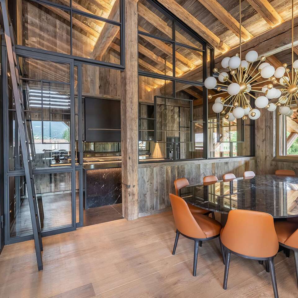 glamorous dining area with access to gourmet kitchen