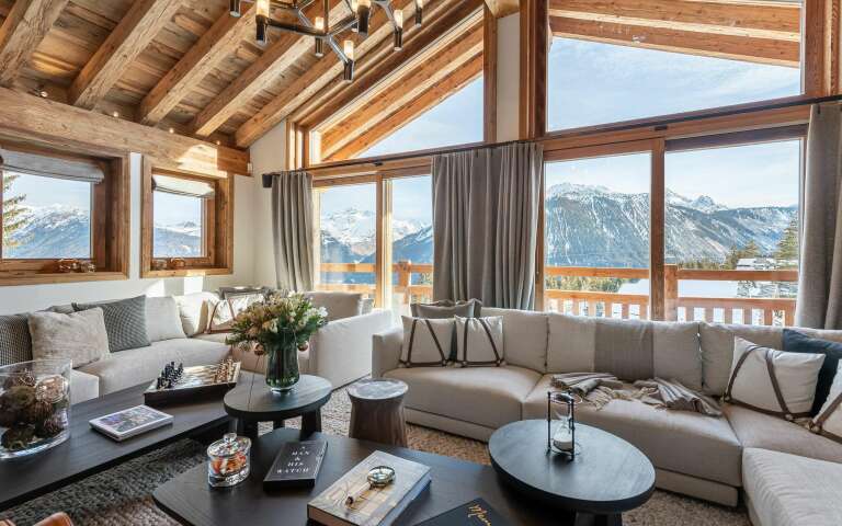 luxury living room with majestic French windows and view over Courchevel