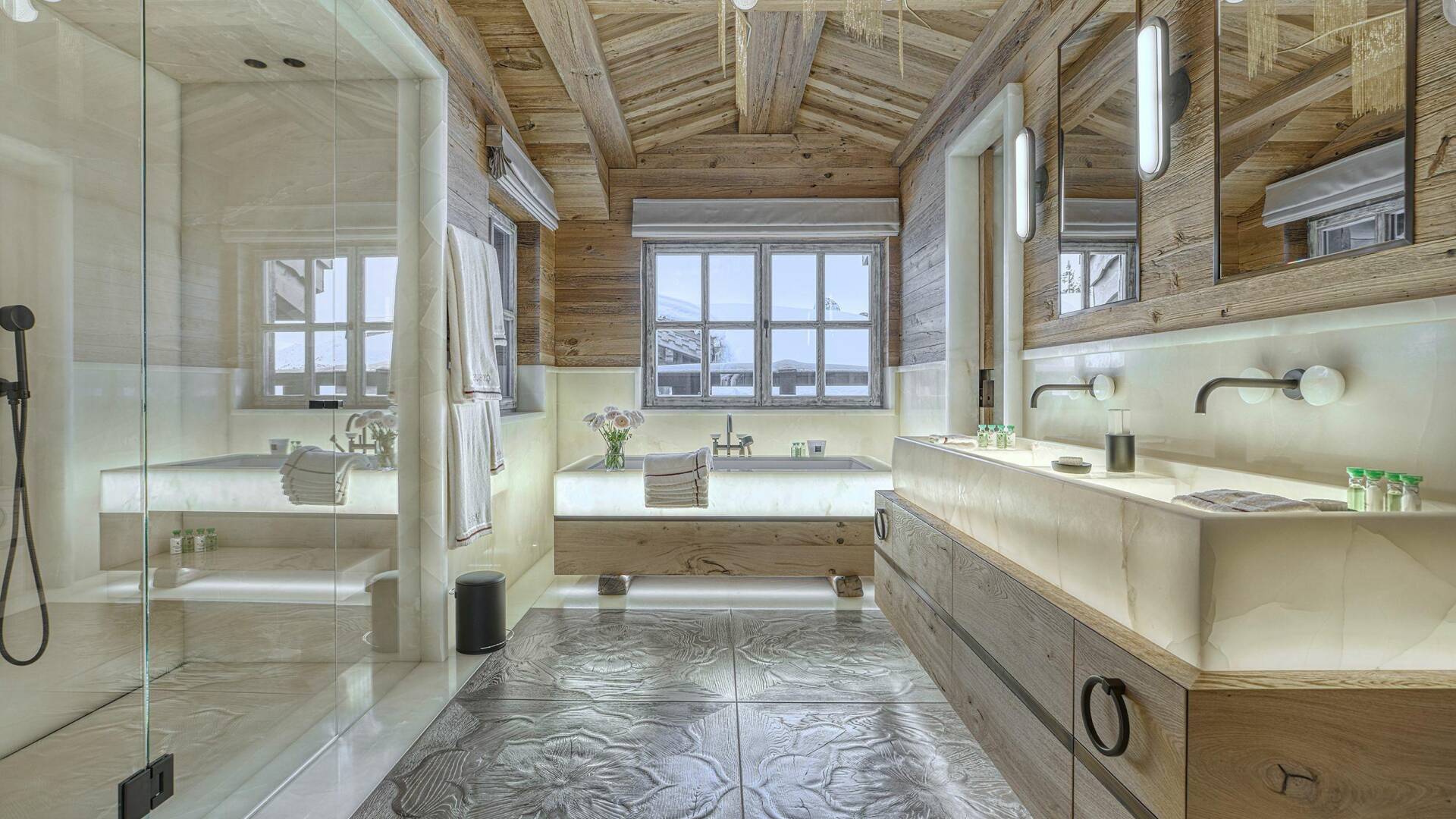 luxury en suite bathroom with double lavabo, shower cabin and bath tub