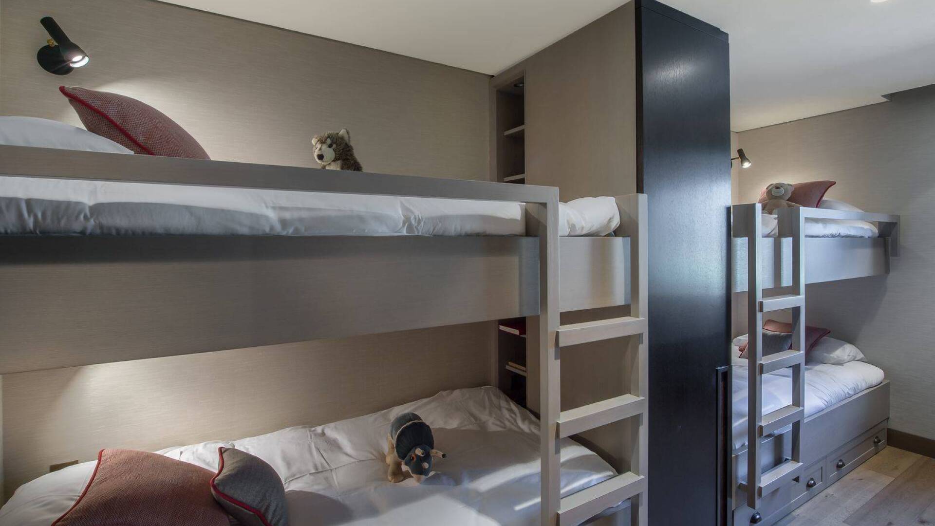 children's quadruple bedroom with 2 sets of bunk beds