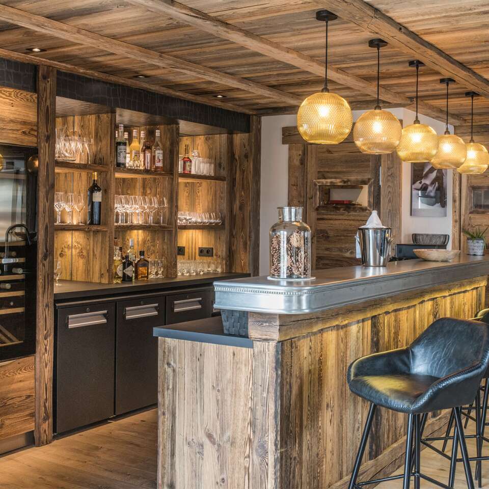 corner bar with counter and stools