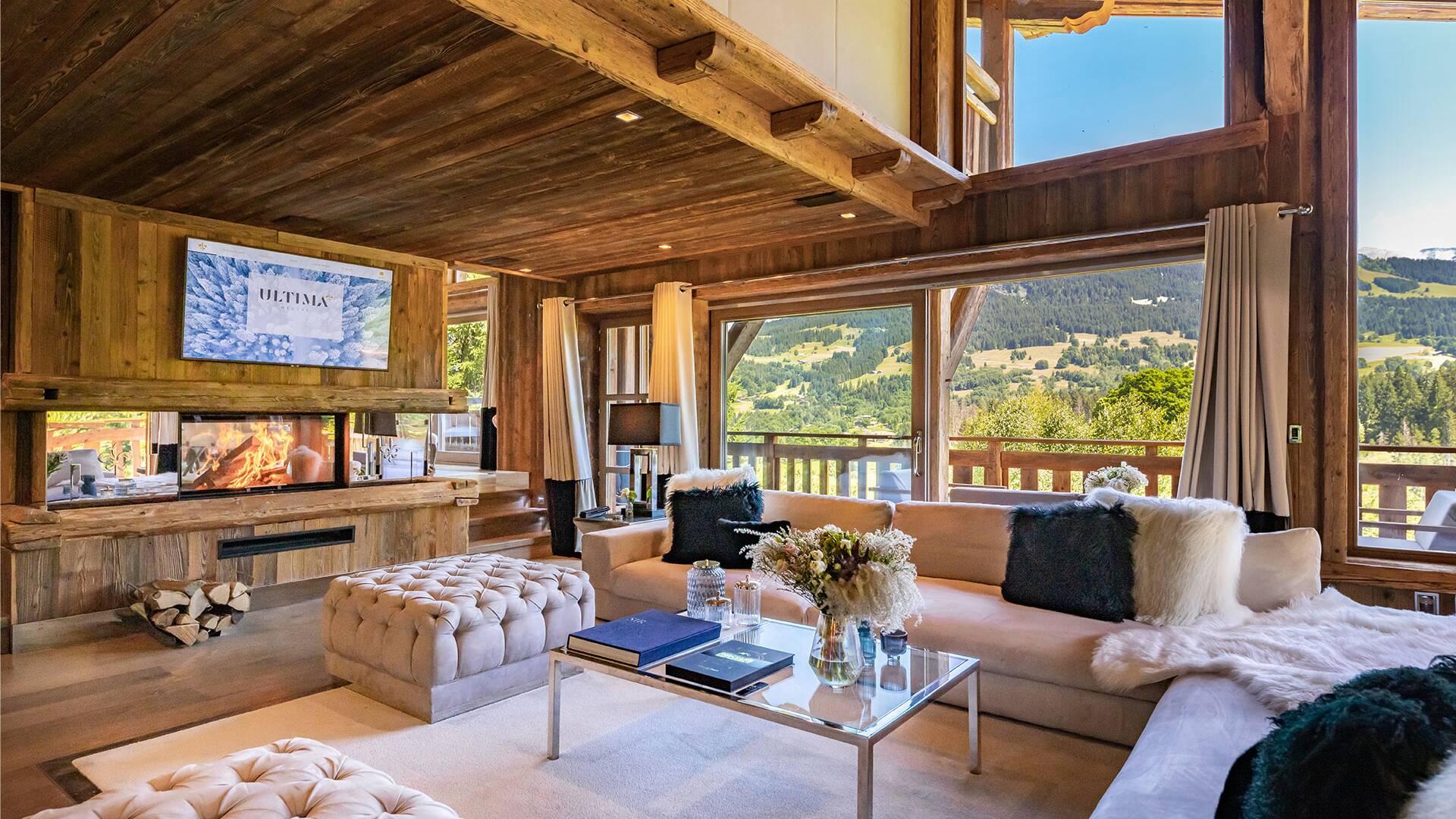 opulent living room with TV and French windows