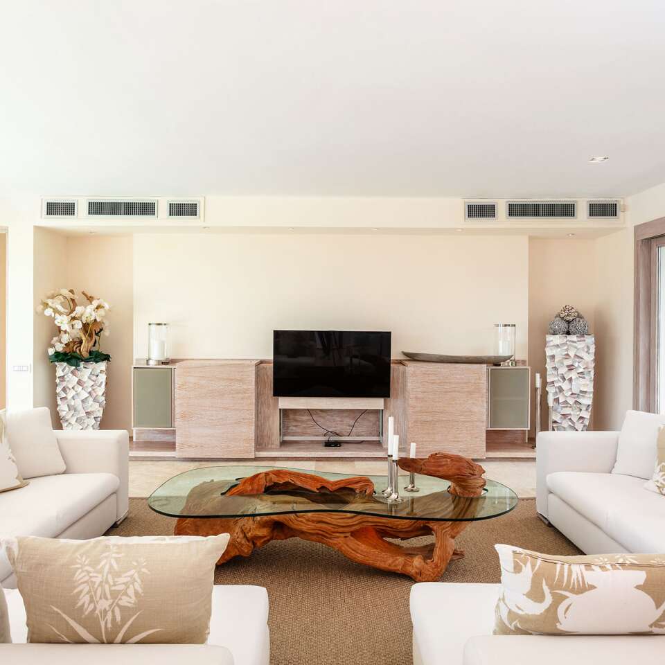 contemporary living room with TV and access to outdoor