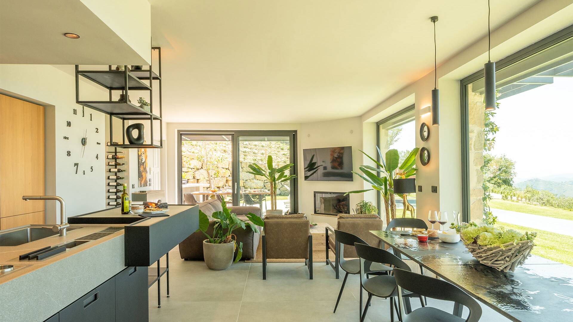 living room with kitchen and dining table