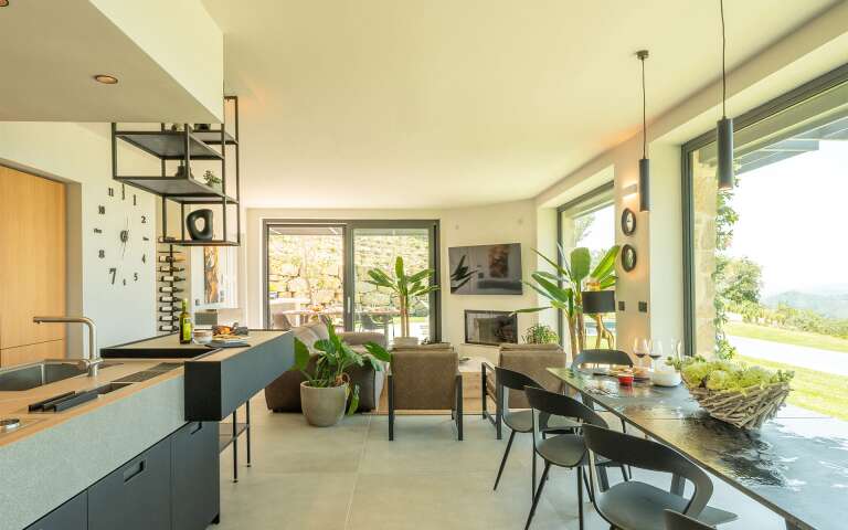 living room with kitchen and dining table