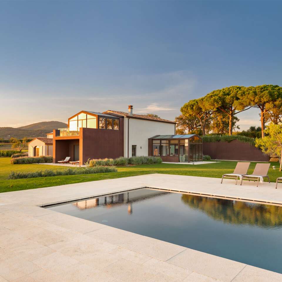 luxury swimming pool and sunbeds