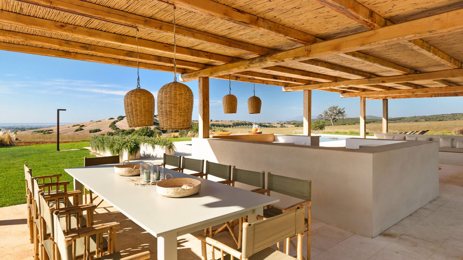 outdoor covered terrace by the pool