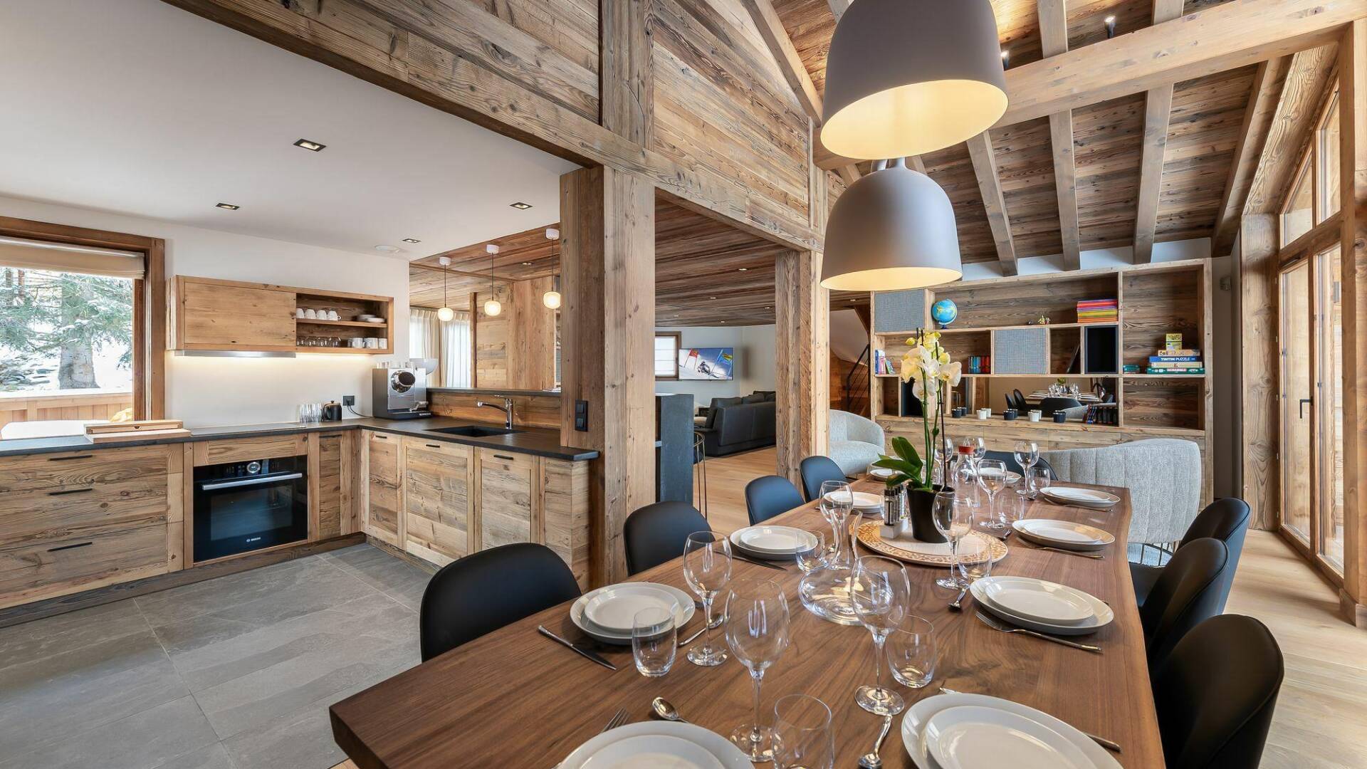 large dining table in the living space