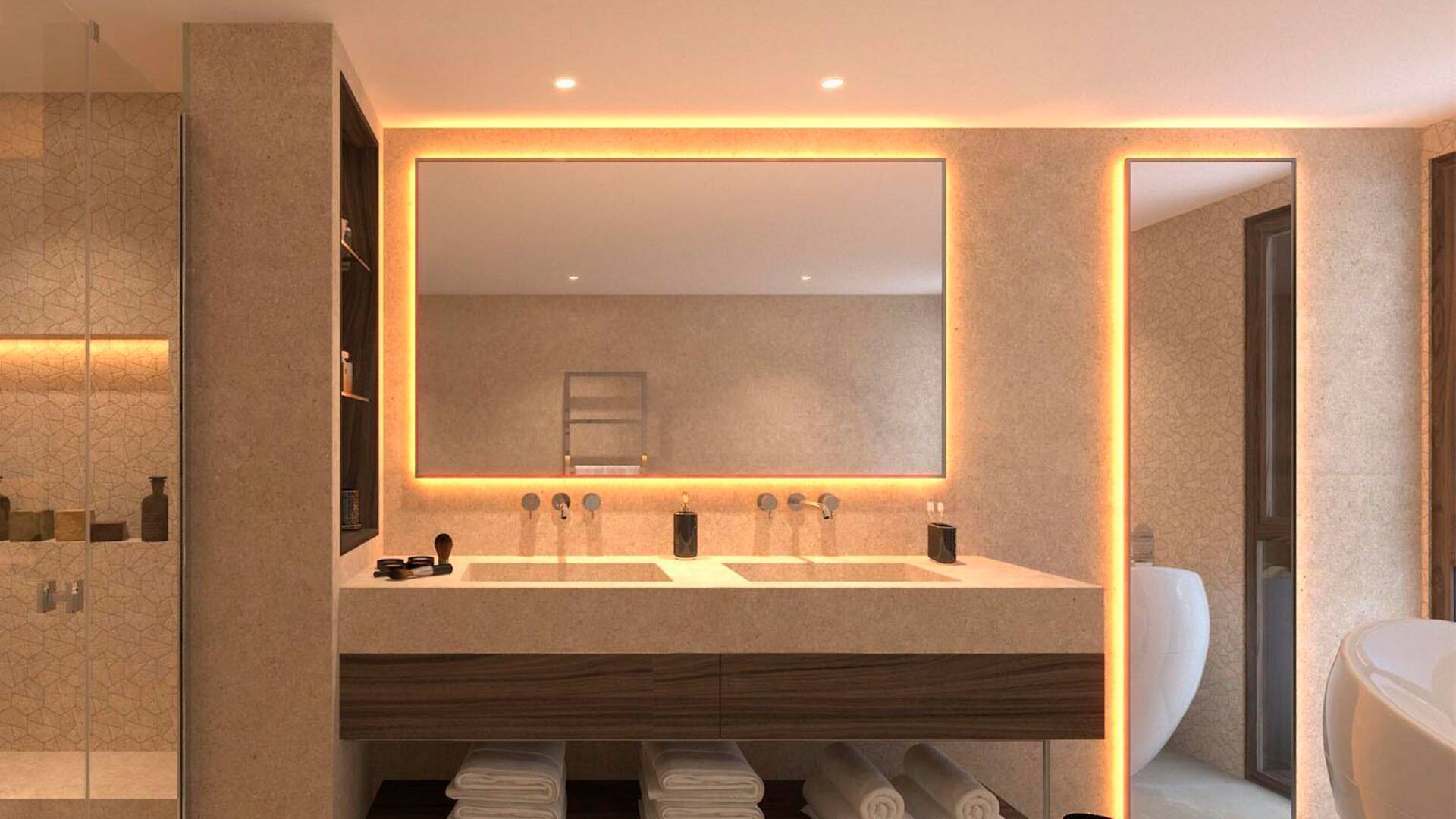 en suite bathroom with double basin and shower