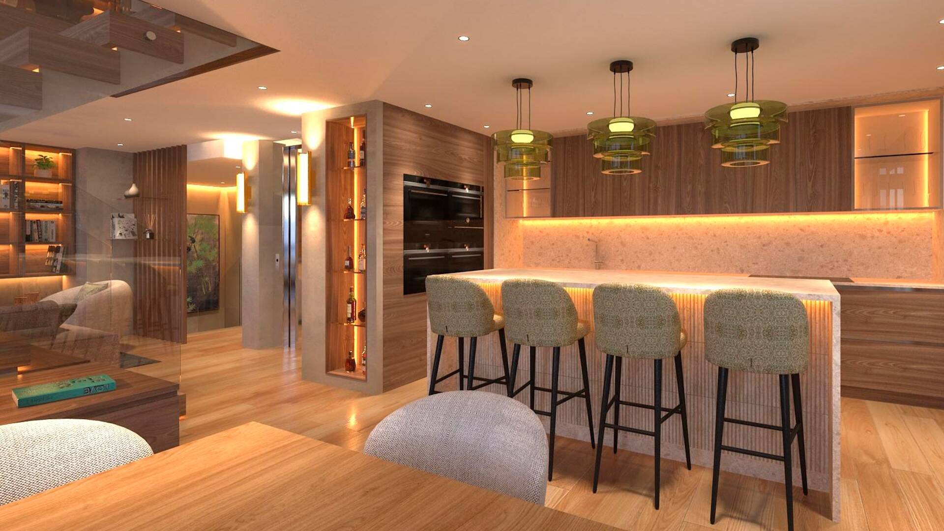 open space with fully equipped kitchen