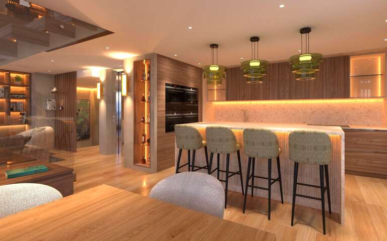 open space with fully equipped kitchen