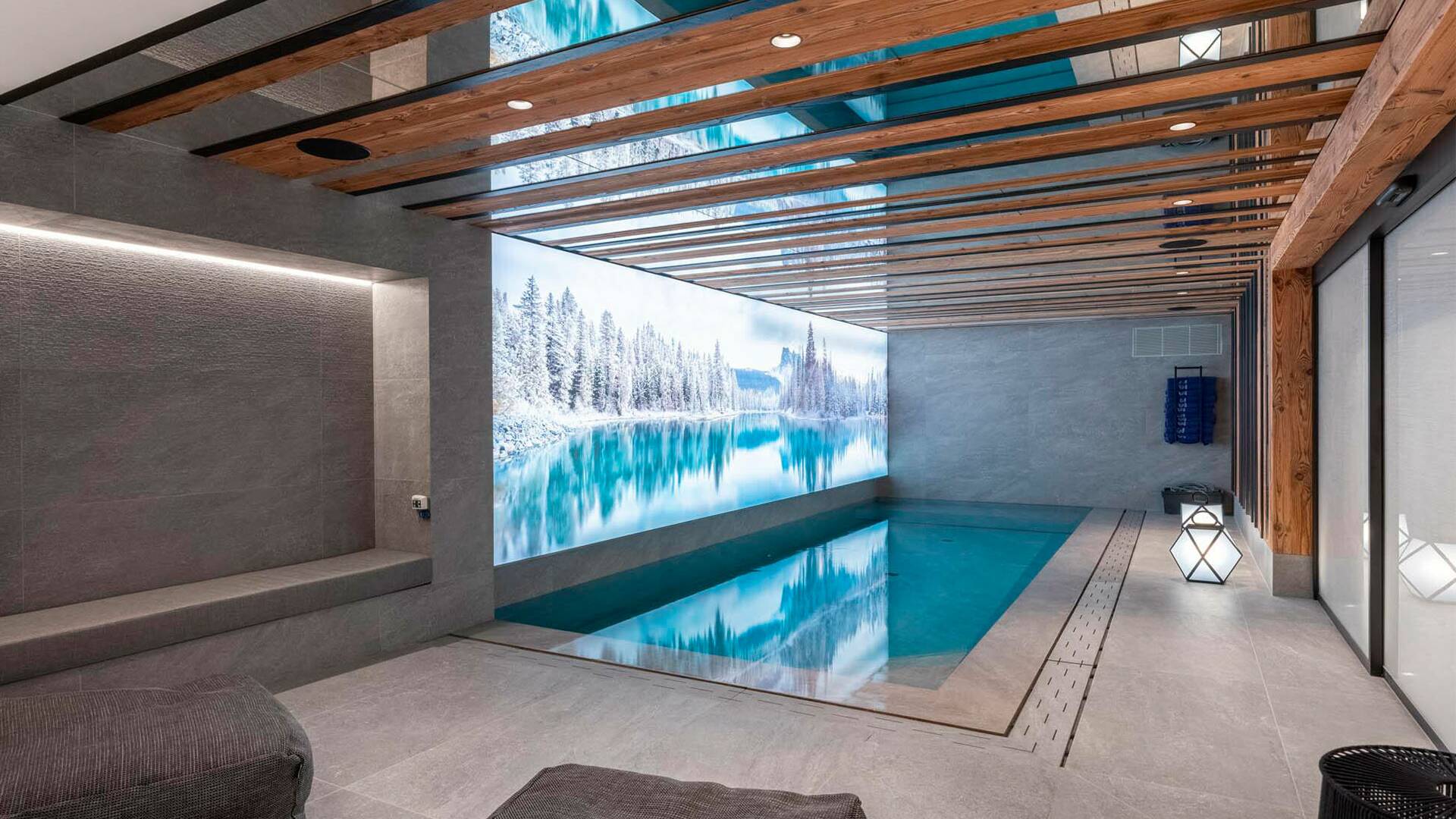 indoor pool with lounge area