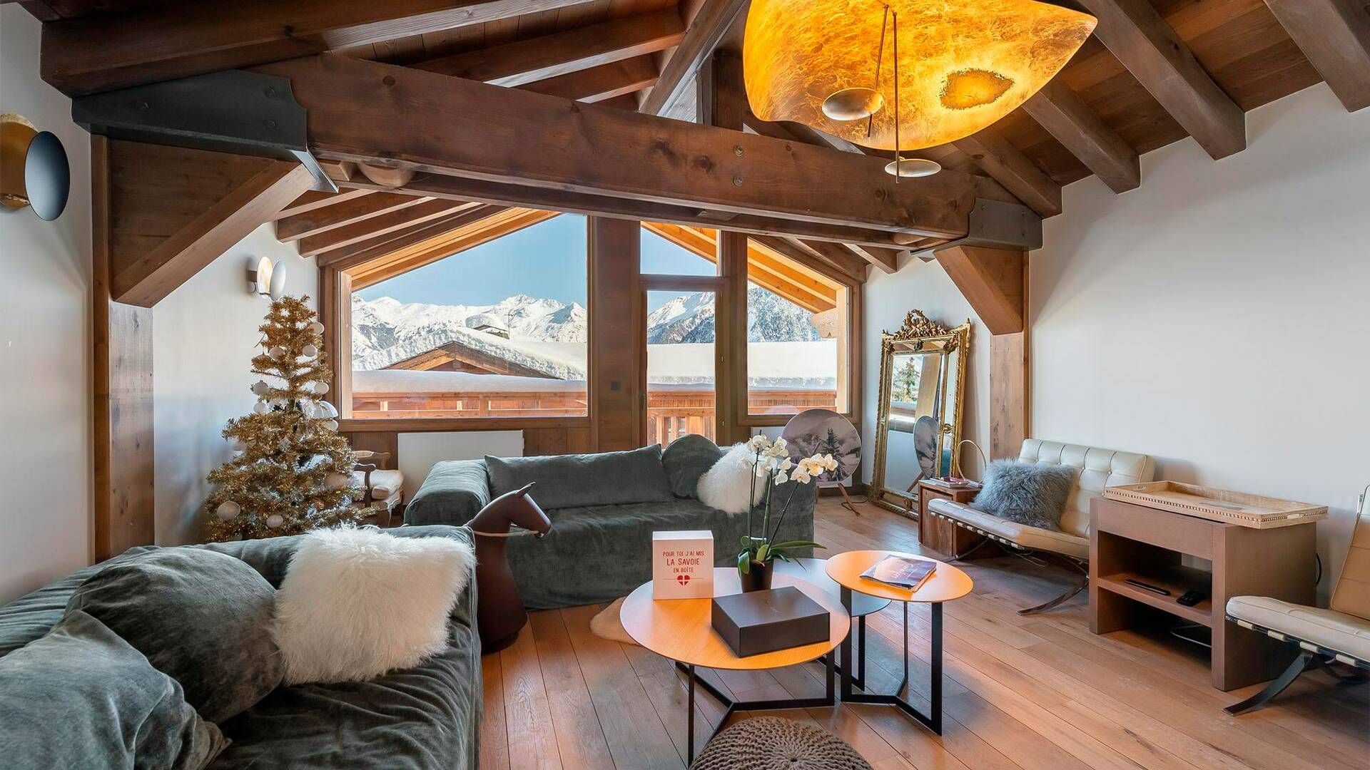 bright living room with mountain view