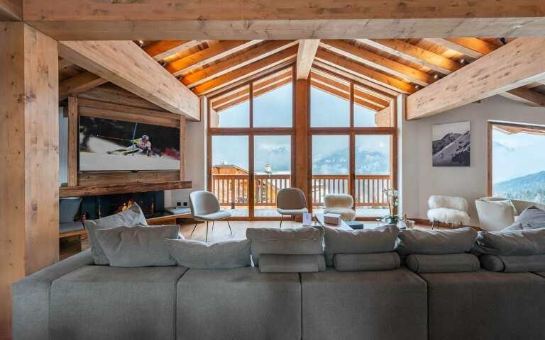 spacious living room with mountain views 