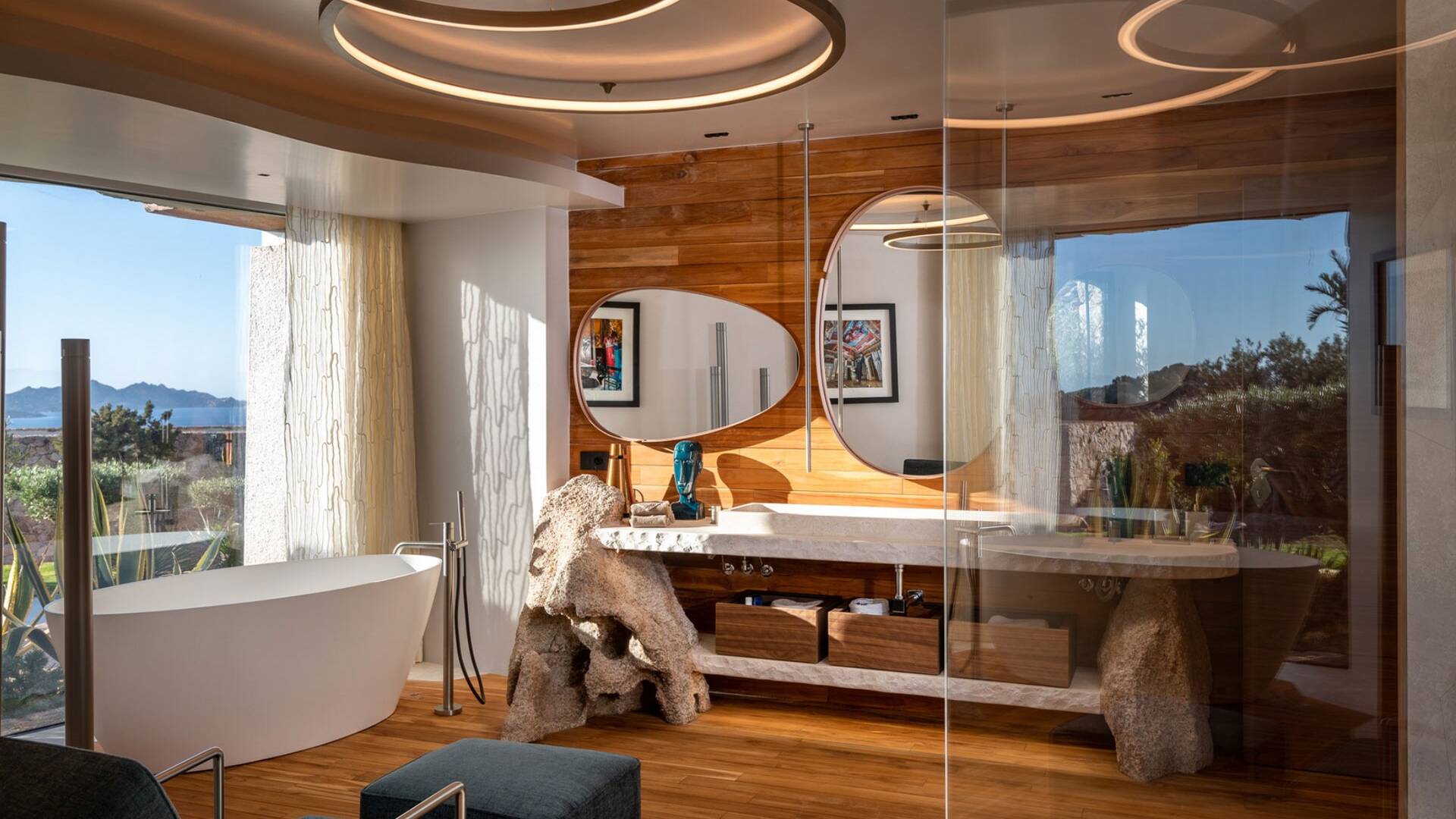 en suite bathroom with free standing bath tub and walk-in shower