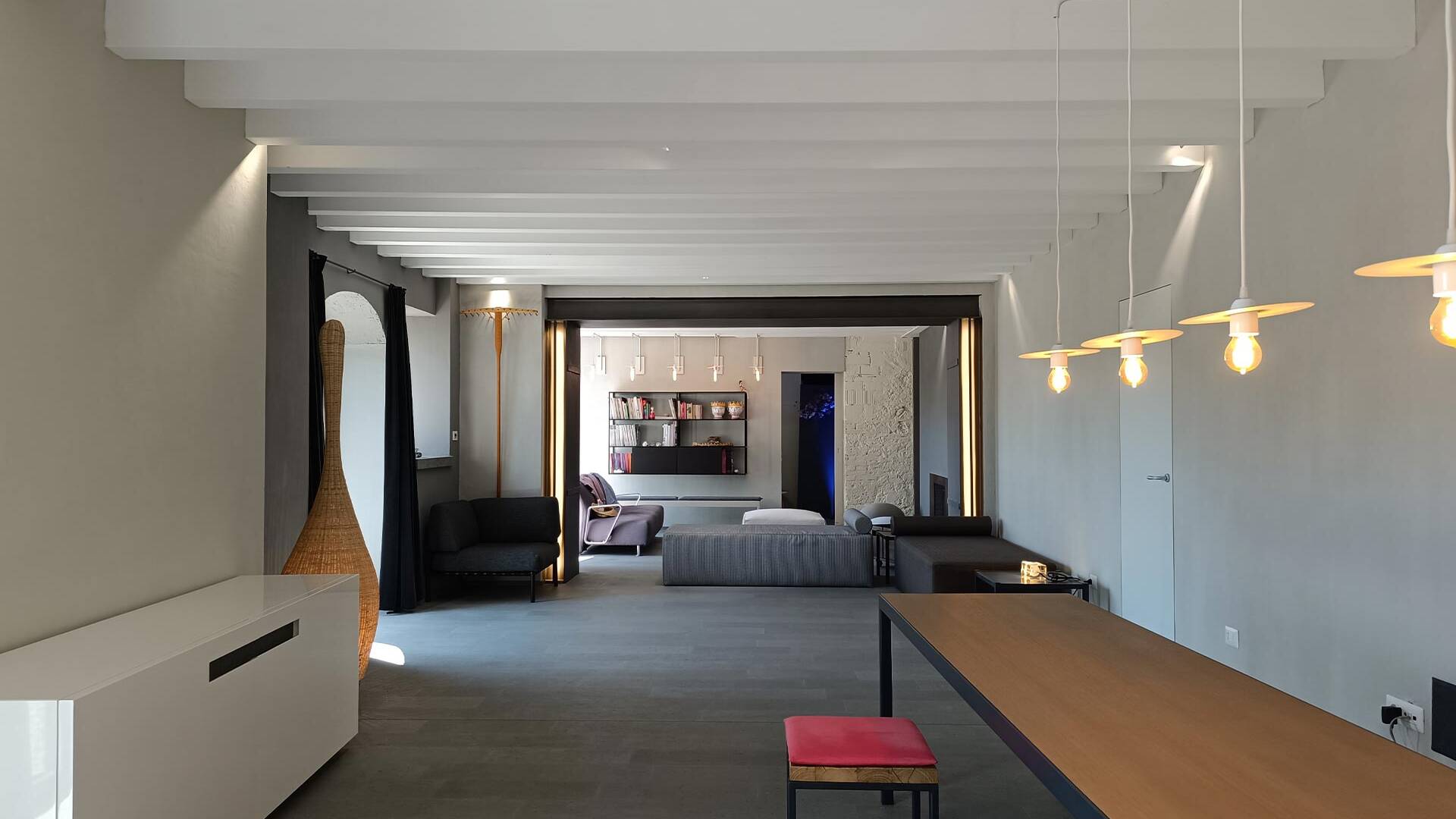 open-plan living space with design table