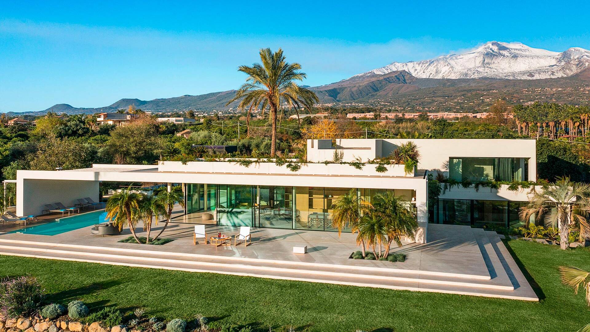 aerial view of the villa with Mount Etna