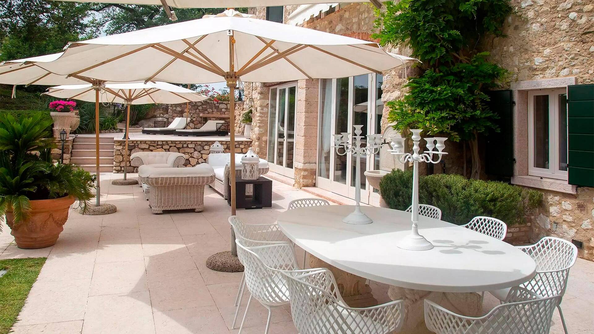 outdoor lounge area and dining table