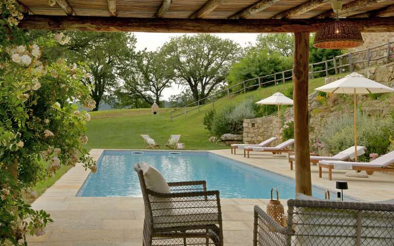 pool area with pergola 