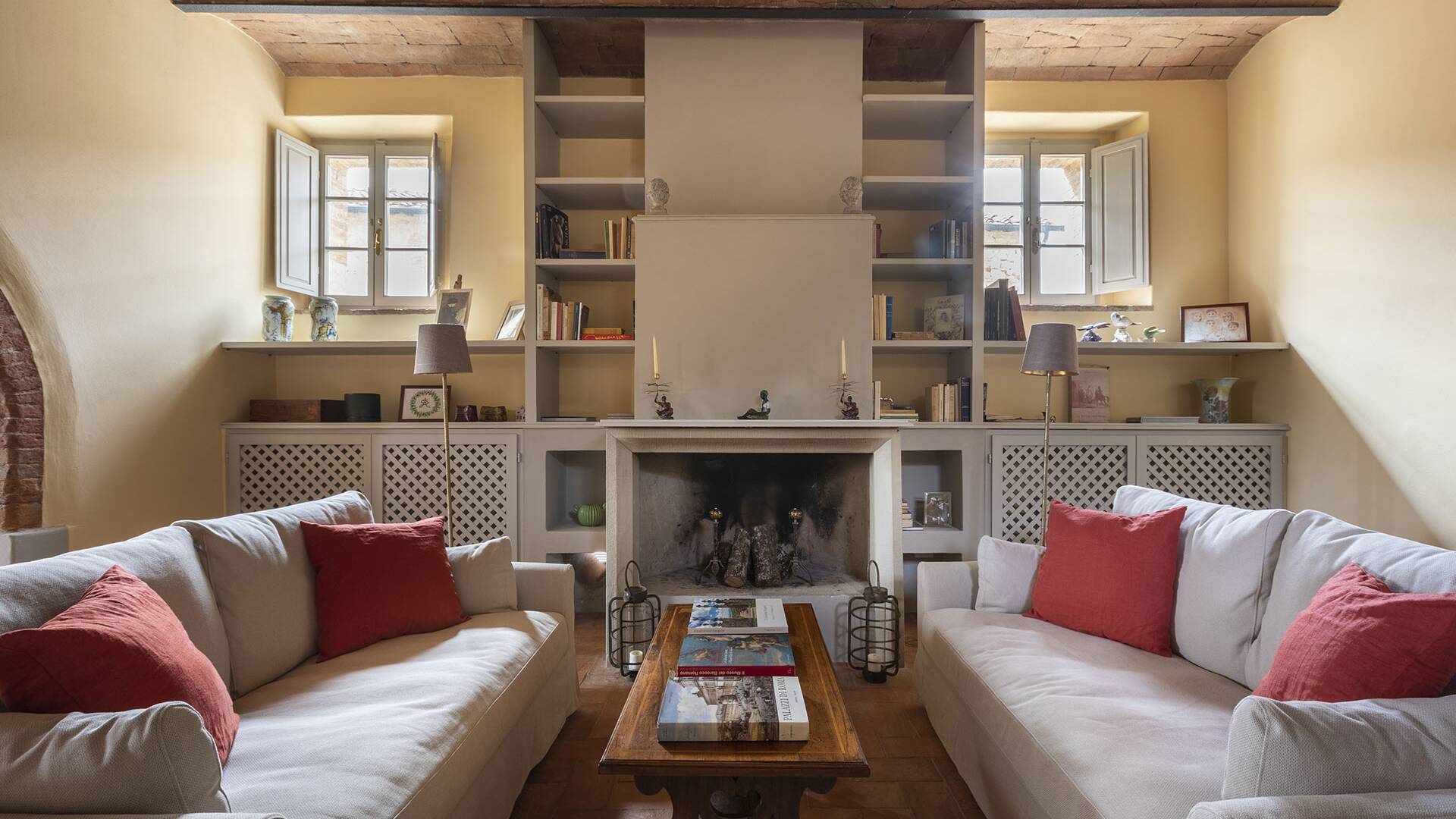 villa 1 living room with fireplace and comfortable sofa 