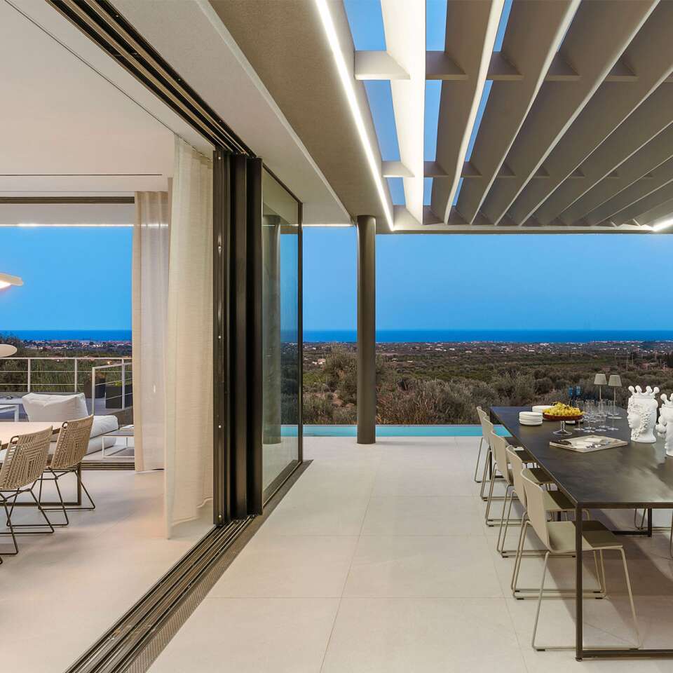 living room and terrace with dining table