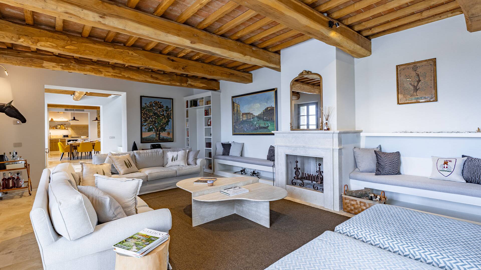 large living room with fireplace