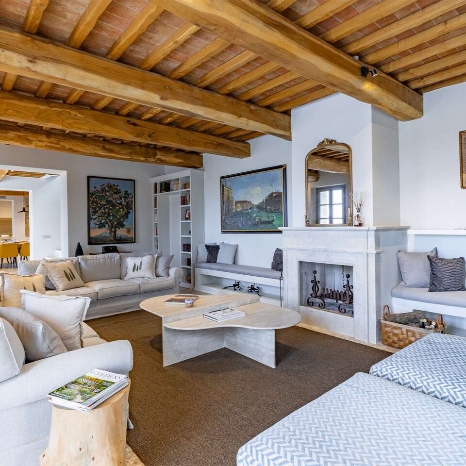 large living room with fireplace