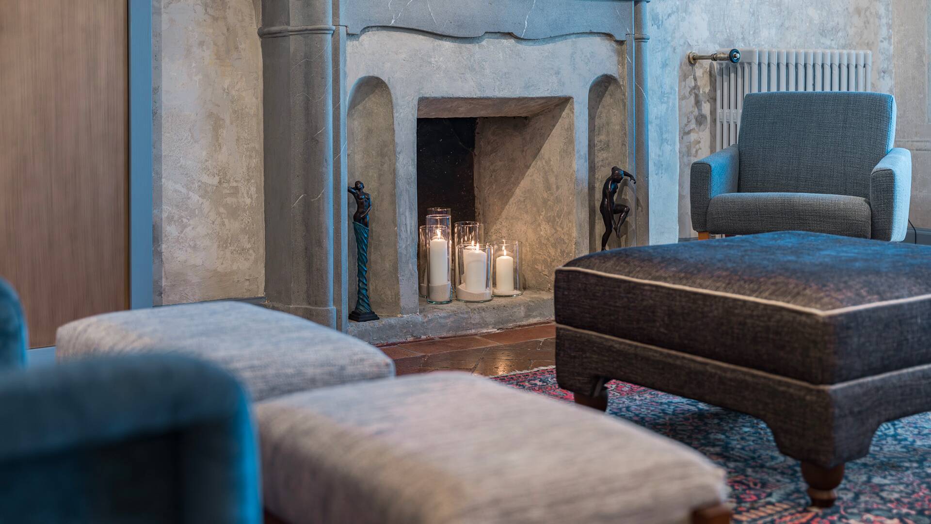 Cozy lounge area with fireplace