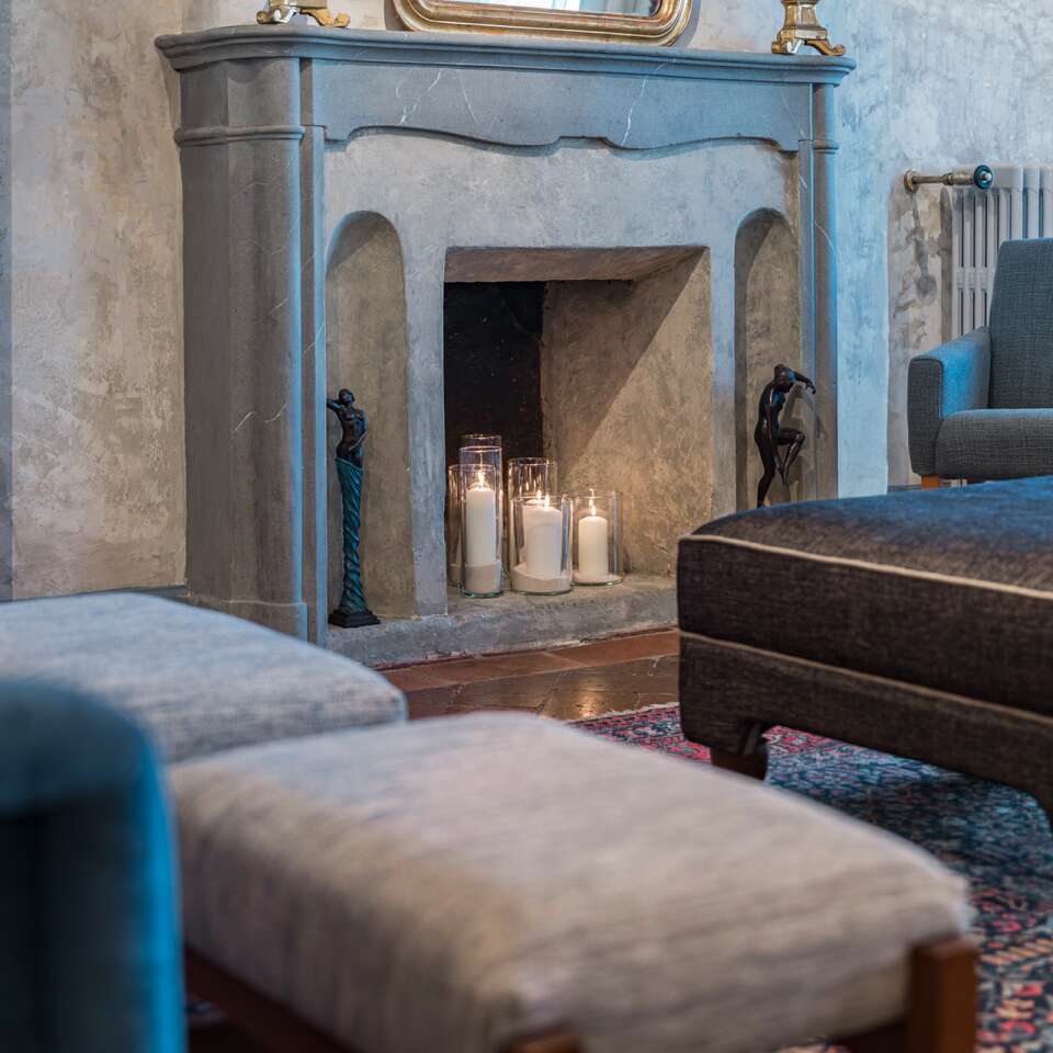 Cozy lounge area with fireplace