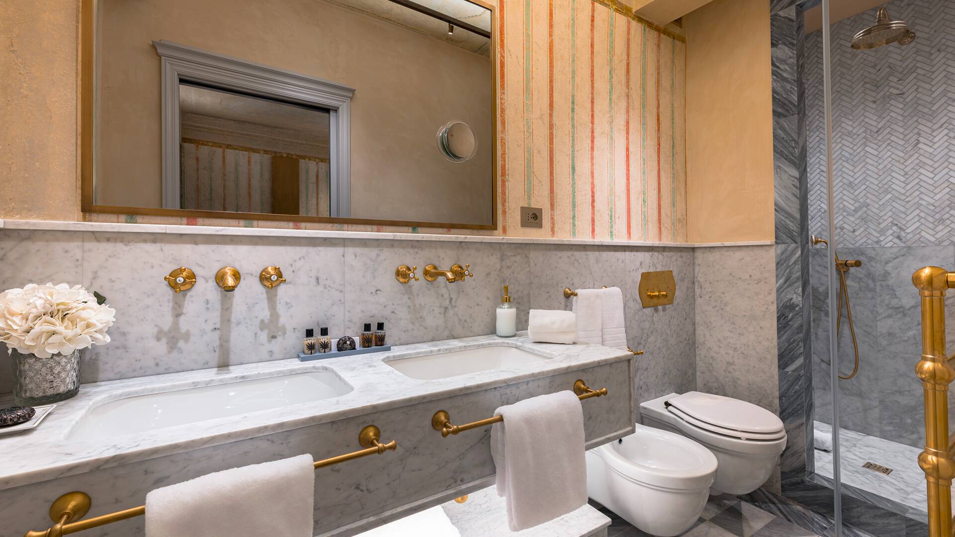 Spacious marble bathroom with double vanity