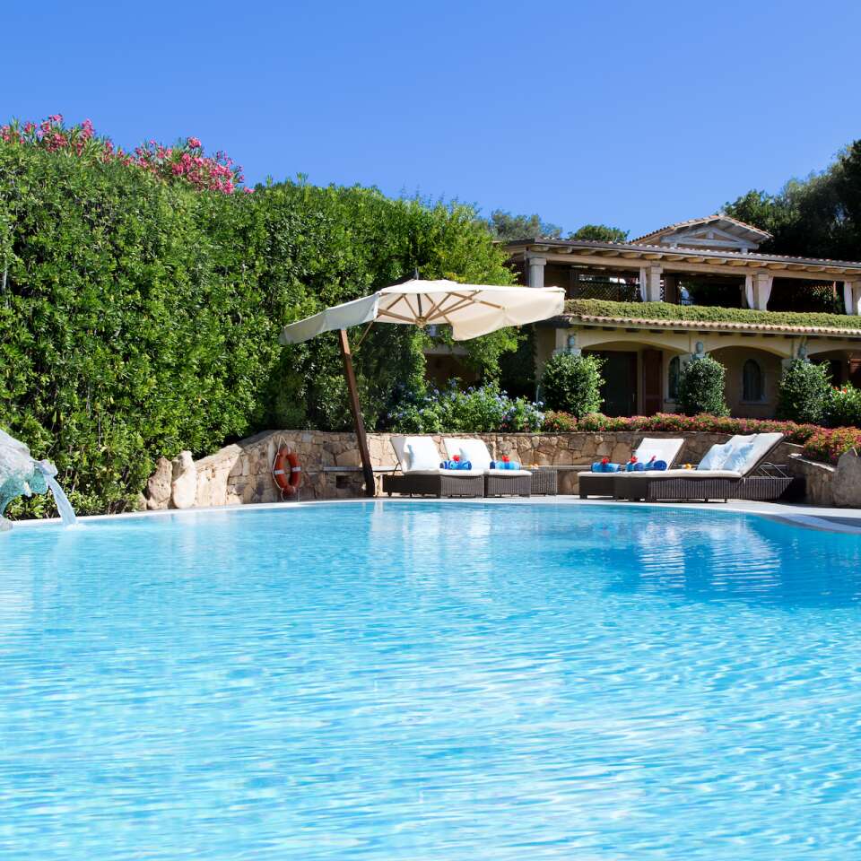 swimming pool with sunbeds and umbrella