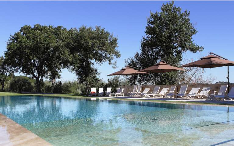 private infinity pool and bocce court