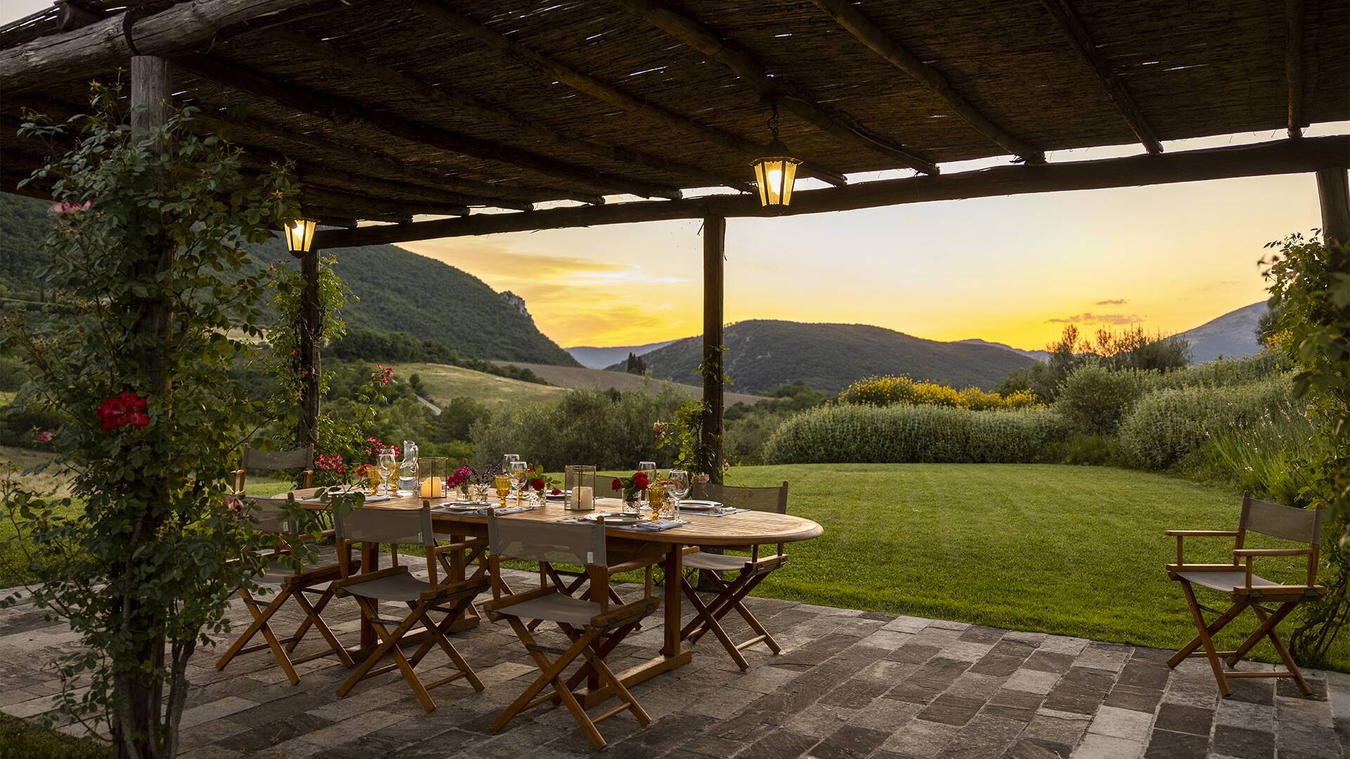 sunset over al fresco dining area