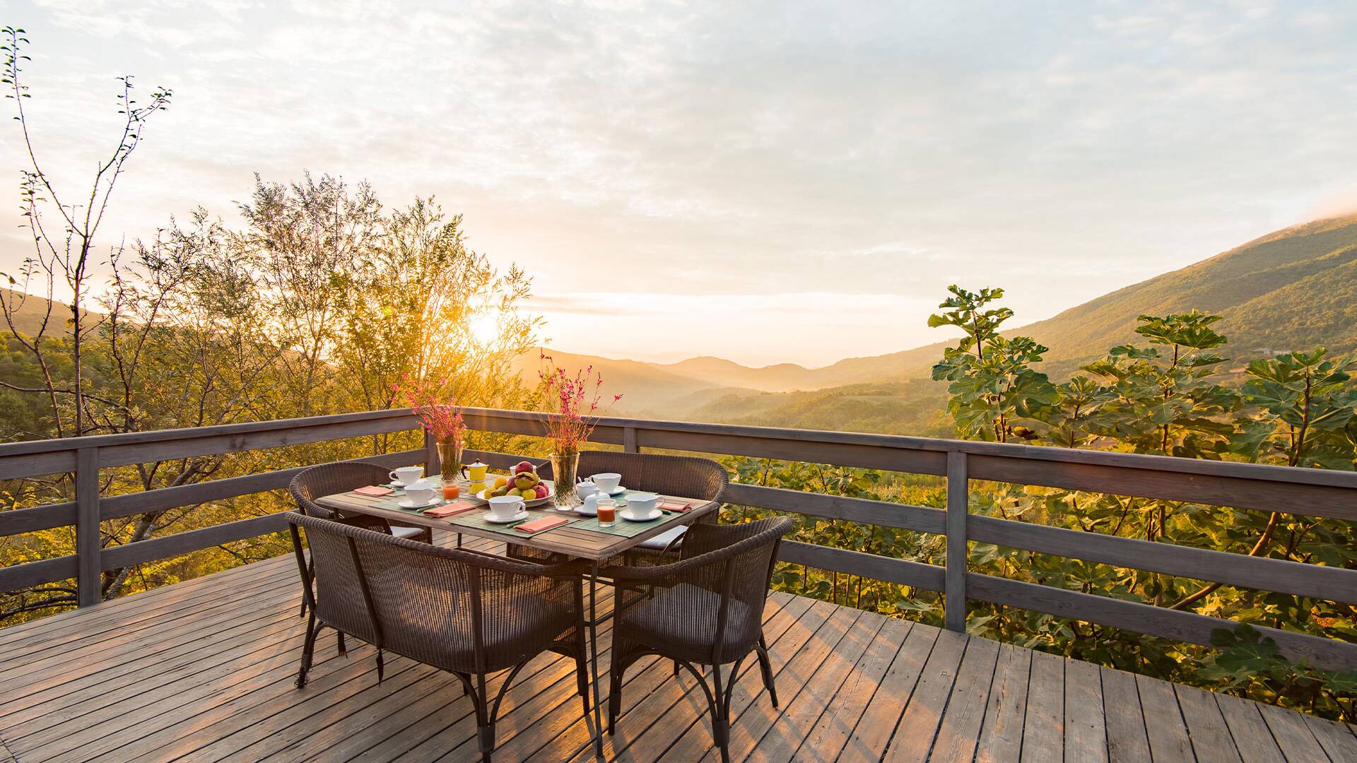 al fresco dining area at sunset