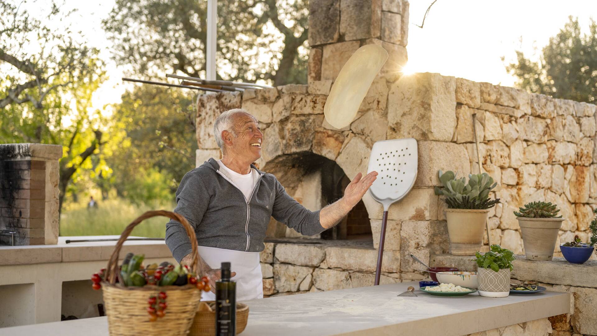 homemade pizza in outdoor kitchen