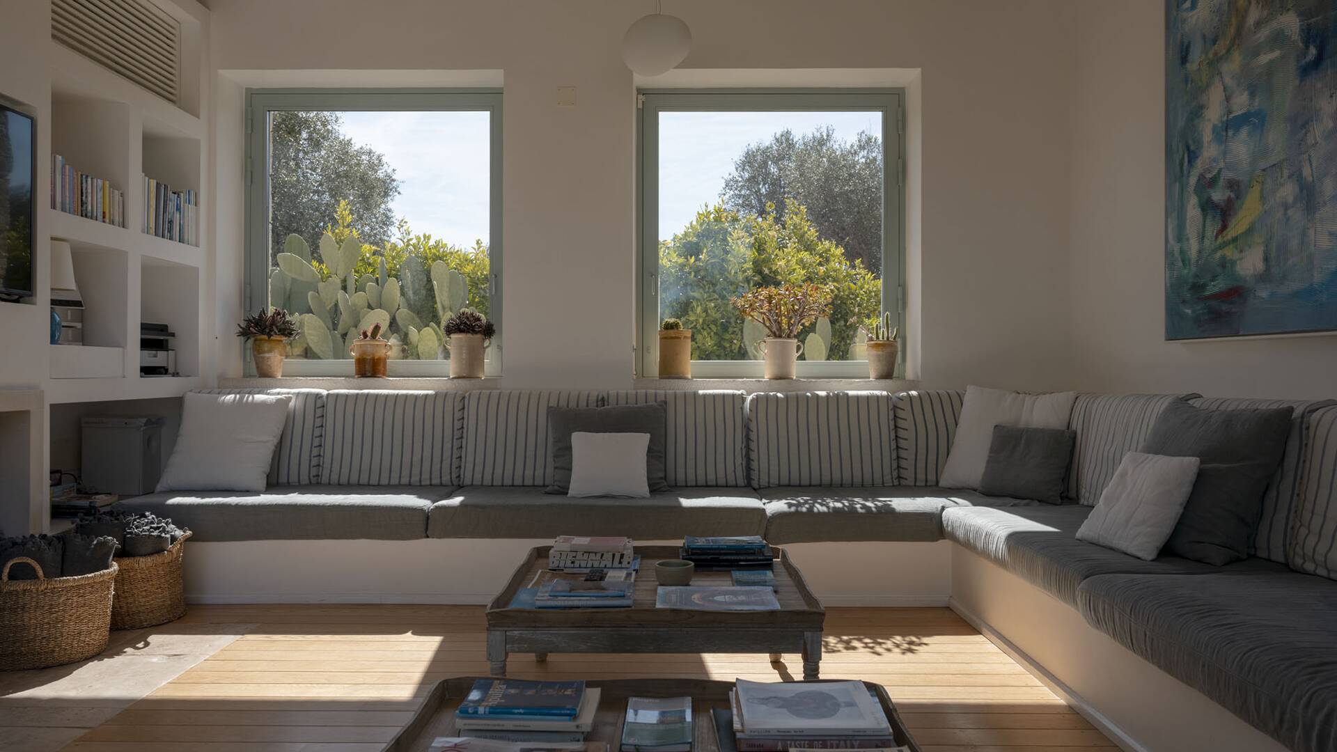 living room with large sofas
