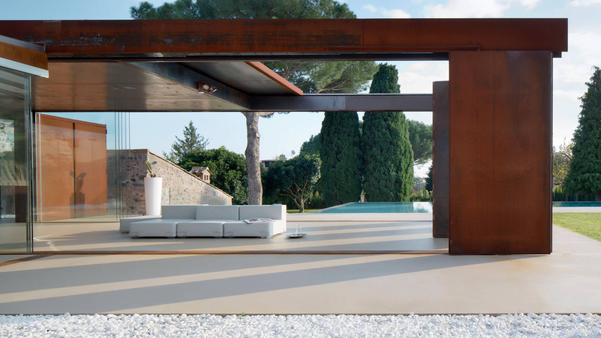 design luxury villa in Sicily, outdoor lounge area