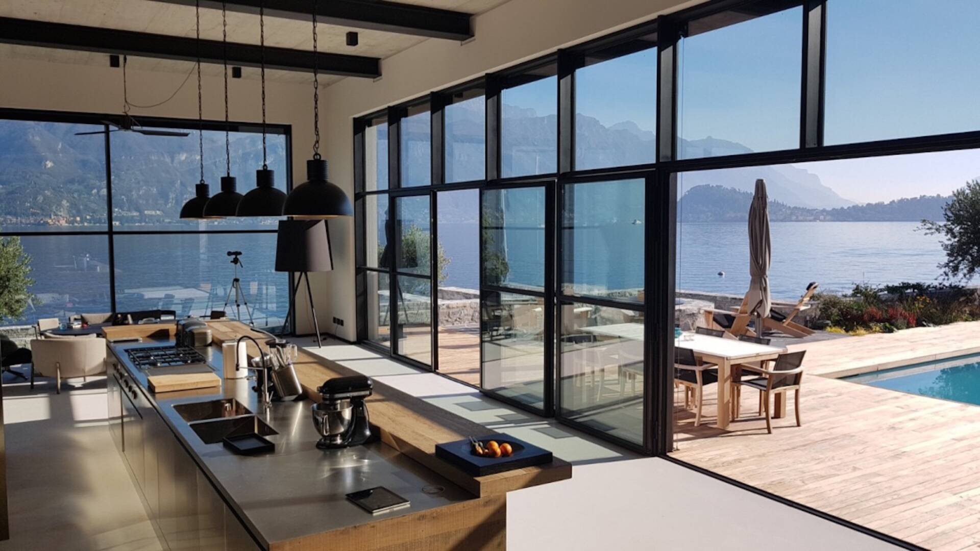 gourmet kitchen with pool view