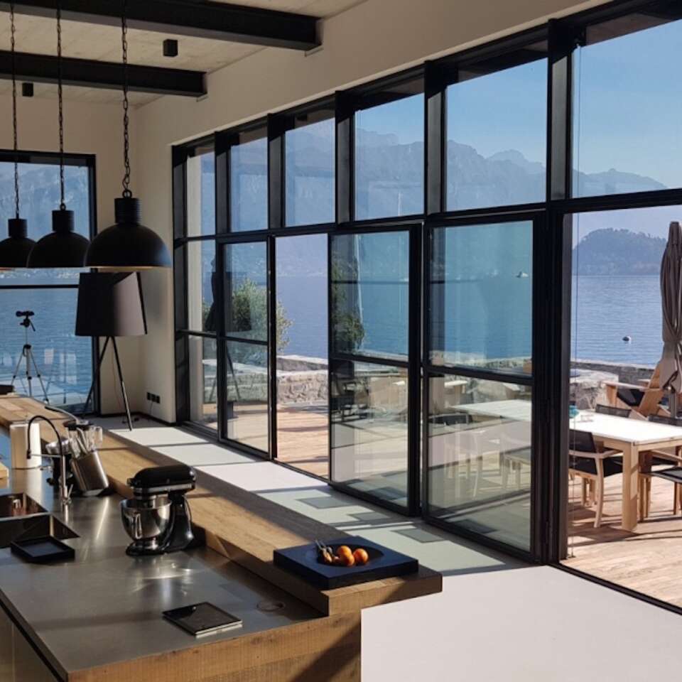 gourmet kitchen with pool view