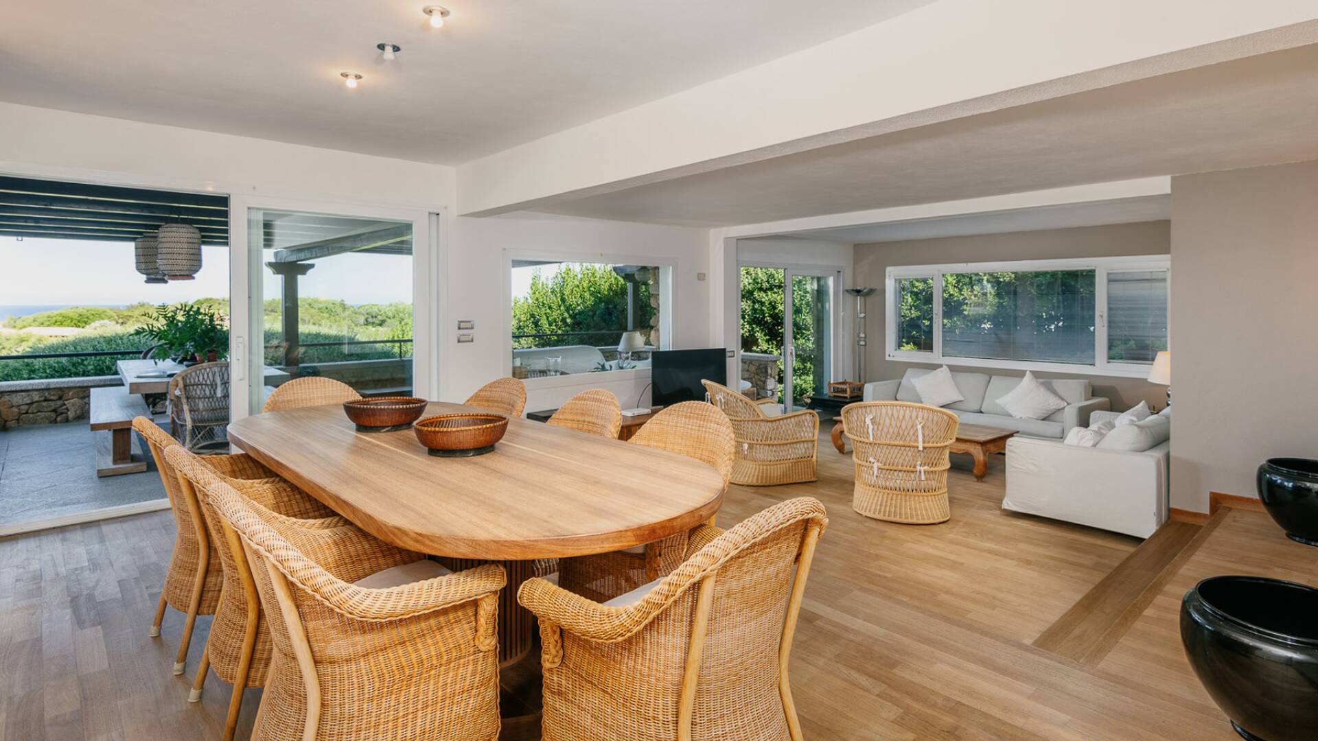 open space with dining table and sitting area