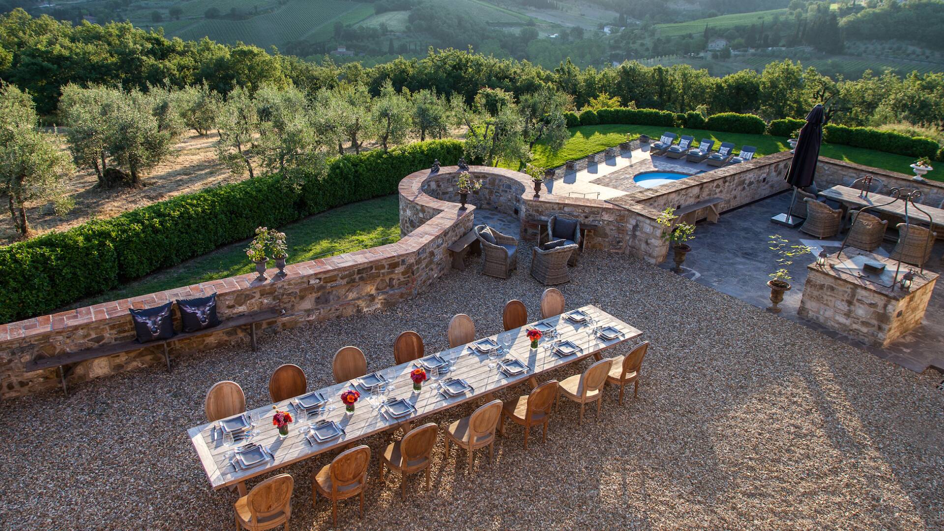 alfresco dining area with countryside view
