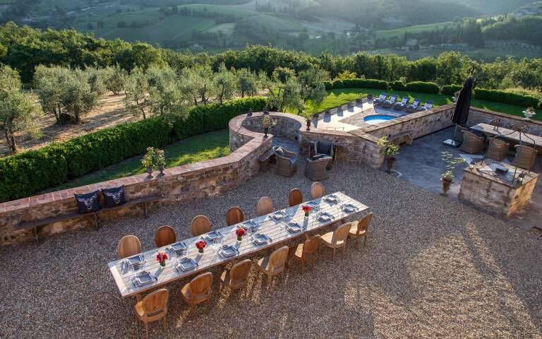 alfresco dining area with countryside view