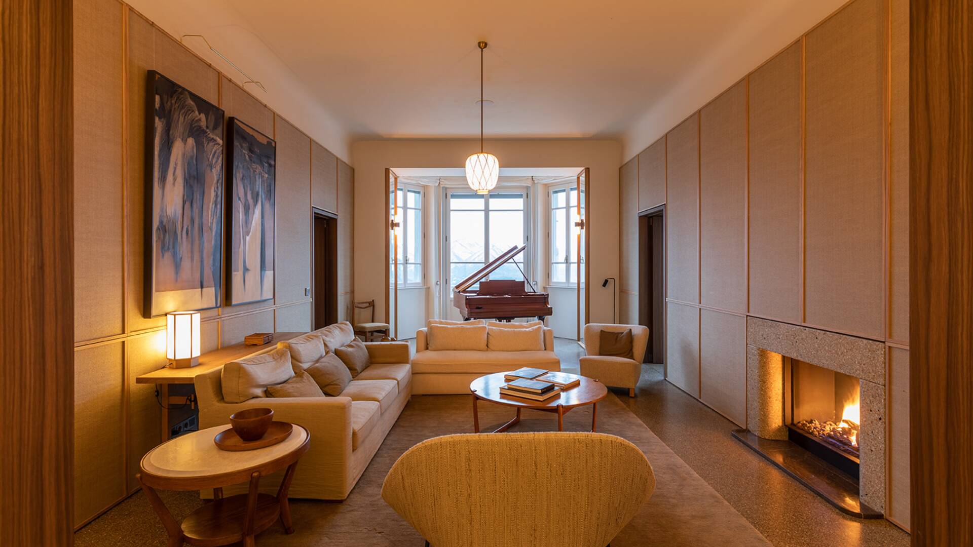 luxury villa Como Lake fireplace living room