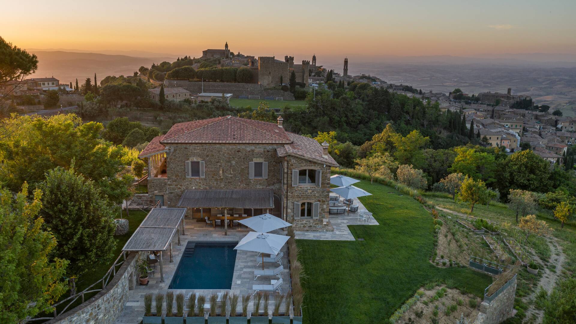 aerial view of Tuscan luxury villa Lucina and Montalcino