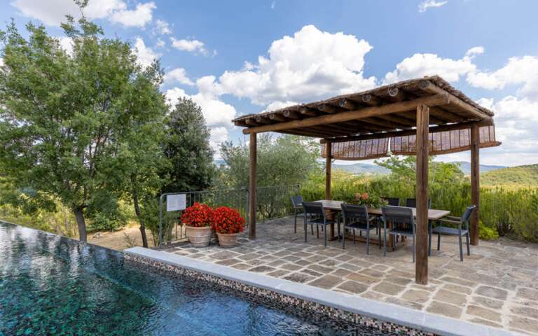 covered pergola by the swimming pool