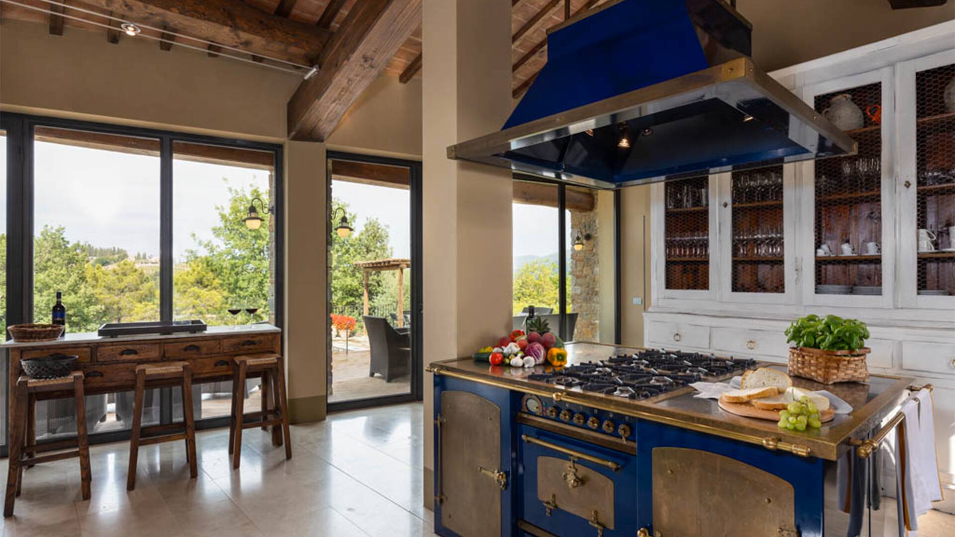 open space with kitchen island and dining table